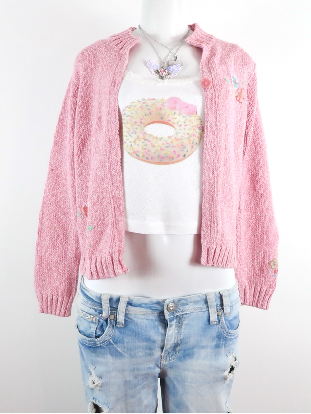 y2k pink embroidered floral cardigan genuine